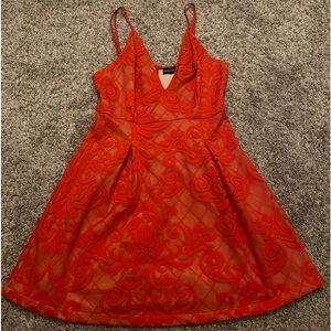 Short Red Lacey V Dress Size 4 PrettyLittleThing